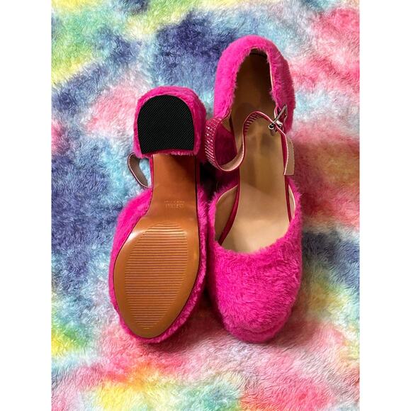 Pink Faux Fur Platform Heels with Rhinestone Straps – Size 13 - Picture 8 of 8